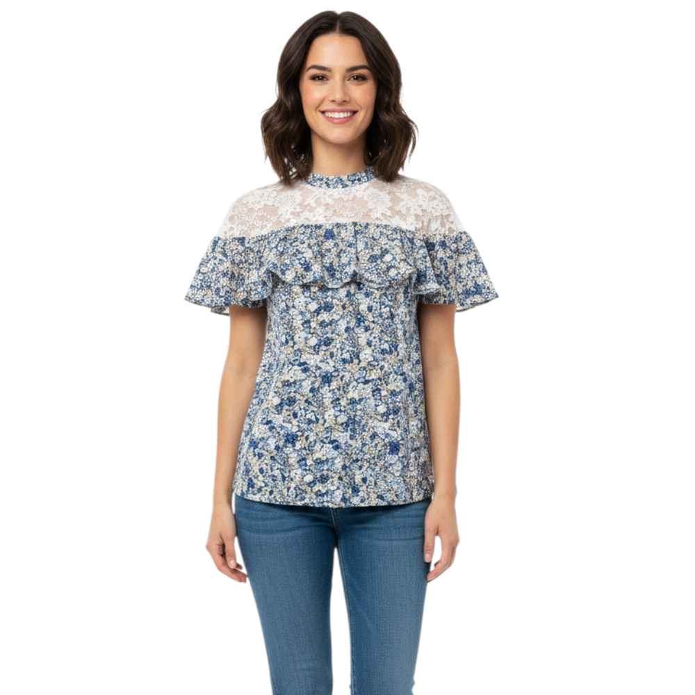 Belle & Sky Peasant Top Women Small Blue Floral Lace Boho Y2K Cottagecore Fairy